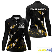 Load image into Gallery viewer, Front and back views of a womens black and yellow argyle pattern golf polo shirt, chest name text, and team name on the back.