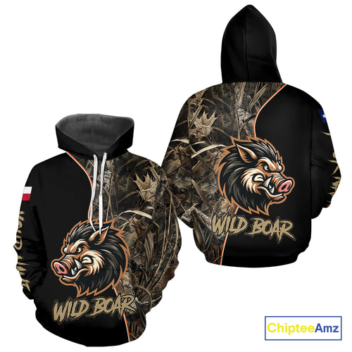 Custom Brown Camo with TX Flag Boar Hunting Shirts for Men, Boar Hunting Clothes, Hunting Gifts NBT188