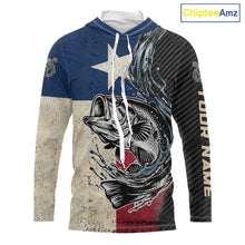 Load image into Gallery viewer, Front view of Custom Texas Flag Bass Fishing Shirt Texas Bass Long Sleeve Hooded Shirt, UPF 30+ long sleeve fishing shirt with Texas flag and bass graphic