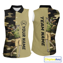 Load image into Gallery viewer, Funny Skull Womens Sleeveless Golf Polo Shirts Green Camo Pattern Custom Name Skull Playing Golf Apparel NBT625