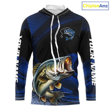 Load image into Gallery viewer, Front view of personalized camo bass long sleeve hooded fishing shirt with personalized name on sleeves 
