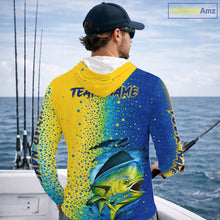 Load image into Gallery viewer, Fisherman on the water wearing Mahi Mahi long sleeve hooded UV protection shirt with personalized name
