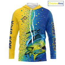 Load image into Gallery viewer, Front view of custom Mahi Mahi saltwater fishing hooded long sleeve UV protection