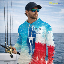 Load image into Gallery viewer, Angler wearing Texas Bass Fishing Long Sleeve Hooded Fishing Shirt with personalized name on sleeves