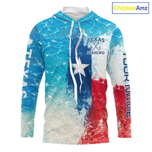 Load image into Gallery viewer, Front view of Texas Redfish Fishing ocean camo hooded shirt with Texas flag design