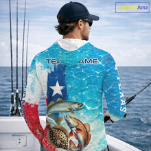 Load image into Gallery viewer, Angler wearing Texas Slam Fishing Long Sleeve Hooded Fishing Shirt with Personalized Name on sleeves and team name on the back - Chipteeamz.