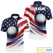 Load image into Gallery viewer, Front and back views of a America 250th anniversary golf polo shirt, chest name text, and team name on the back.