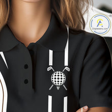 Load image into Gallery viewer, Close-up of golf cart graphic on personalized golf polo shirt for women