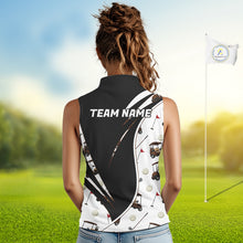 Load image into Gallery viewer, Woman wearing a Golf cart pattern womens sleeveless golf polo shirt and 'Team Name' text on the back, standing on a golf course