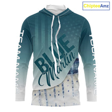 Load image into Gallery viewer, Front view of personalized American Flag Marlin long sleeve hooded fishing shirt with patriotic design