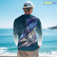 Load image into Gallery viewer, Angler wearing patriotic American Flag Marlin long sleeve fishing shirt on boat.