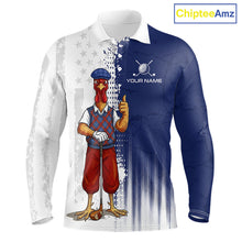 Load image into Gallery viewer, Front view of funny colorful rooster American Flag mens long sleeve golf polo shirt