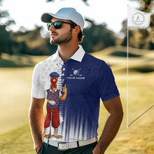 Load image into Gallery viewer, Man wearing Funny colorful rooster American Flag mens golf polo shirt on a golf course