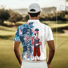 Load image into Gallery viewer, Man wearing a colorful golf shirt with flamingo design on a golf course, custom "team name" on the back