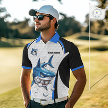 Load image into Gallery viewer, Man wearing Blue White Shark Pattern Mens Golf Polo Shirt Front View with Personalized Name on the chest