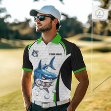 Load image into Gallery viewer, Man wearing Green White Shark Pattern Mens Golf Polo Shirt Front View with Personalized Name on the chest