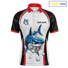 Load image into Gallery viewer, Red White Shark Pattern Mens Golf Polo Shirt Front View Custom Name