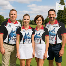 Load image into Gallery viewer, Team wearing Red White Shark Pattern Mens Golf Polo Shirt Custom Name and Team Name