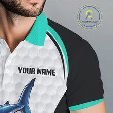 Load image into Gallery viewer, Turquoise White Shark Pattern Mens Golf Polo Shirt Detail View Funny Shark Design