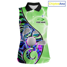 Load image into Gallery viewer, Womens Sleeveless Golf Polo Shirt Holographic Marble Golf Pattern For Team, Golf Attire For Women|Green NBT725