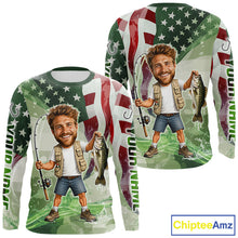 Load image into Gallery viewer, Custom Photo Funny Bass Fishing Shirts Long Sleeve American Flag For Men, Funny Bass Fishing Team|Green NBT731
