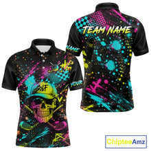 Load image into Gallery viewer, Golf Skull Graffiti Mens Golf Polo Shirt front and back view - streetwear skull graffiti design, breathable polyester fabric, short sleeve Polo tailored fit, custom team shirt