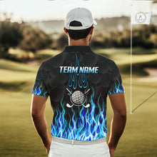 Load image into Gallery viewer, Model wearing golf polo shirt blue flame pattern, breathable cotton fabric on golf course with custom team name