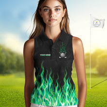 Load image into Gallery viewer, Model wearing golf polo shirt green flame pattern, breathable cotton fabric on golf course