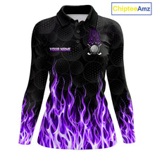 Load image into Gallery viewer, Womens long sleeve golf polo shirt purple flame pattern - front view, custom name available