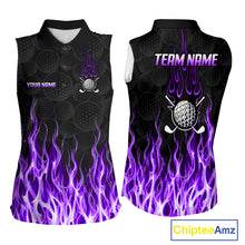 Load image into Gallery viewer, Womens sleeveless golf polo shirt front and back view, custom team name, tailored fit for perfect golf swing