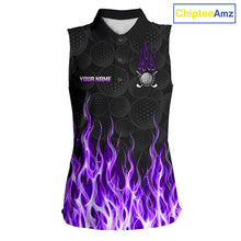 Load image into Gallery viewer, Womens sleeveless golf polo shirt purple flame pattern - front view, custom name available