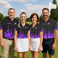 Load image into Gallery viewer, Golf team wearing matching purple flame pattern polo shirts, custom name &amp; team name, tailored fit