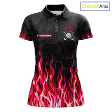 Load image into Gallery viewer, Womens golf polo shirt red flame pattern - front view, custom name available