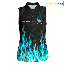 Load image into Gallery viewer, Womens sleeveless golf polo shirt turquoise flame pattern - front view, custom name available