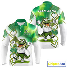 Load image into Gallery viewer, Front and back view of funny alligator mens long sleeve golf polo shirt in green with custom name on chest, team golf shirts and golf gifts design