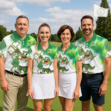 Load image into Gallery viewer, Four people wearing matching green and white polo shirts with funny alligator on a golf course.