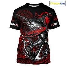 Load image into Gallery viewer, Front view of Custom Marlin Fishing Ocean Camo Shirt Marlin Saltwater Fishing Jersey, lightweight UPF 30+ fishing shirt with marlin and ocean camo design