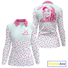 Load image into Gallery viewer, front and back view of personalized golf polo shirt for women with custom face &amp; name