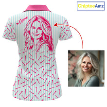 Load image into Gallery viewer, back view of personalized golf polo shirt for ladies with custom face &amp; name