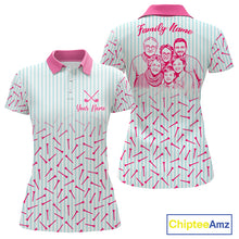 Load image into Gallery viewer, front and back view of woman in custom photo family golf polo shirt, matching family golf outfits