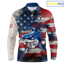 Load image into Gallery viewer, Front view funny mens long sleeve polo golf shirt American Flag custom shark golf shirt funny golf gift