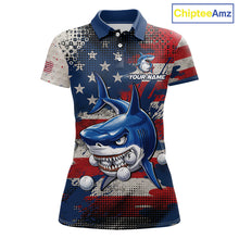 Load image into Gallery viewer, Front view funny womens polo golf shirt American Flag custom shark golf shirt funny golf gift
