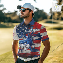 Load image into Gallery viewer, Golfer wearing funny mens polo golf shirt American Flag custom shark golf shirt on the golf course