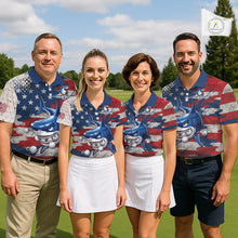 Load image into Gallery viewer, Four person golf team wearing funny mens long sleeve polo golf shirt American Flag custom shark golf shirts front view