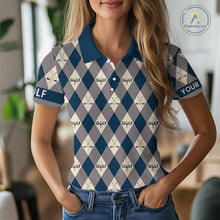 Load image into Gallery viewer, Blue Argyle Plaid Pattern Womens Golf Polo Shirts Custom Golf Attire For Ladies, Team Golf Shirt NBT636
