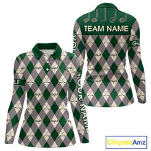 Load image into Gallery viewer, Green Argyle Plaid Pattern Womens Golf Polo Shirts Custom Golf Attire For Ladies, Team Golf Shirt NBT637