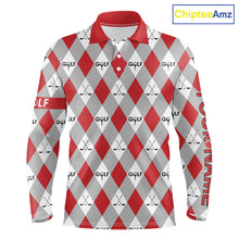 Load image into Gallery viewer, Red Argyle Plaid Pattern Mens Golf Polo Shirts Custom Golf Attire For Men, Team Golf Shirt NBT638