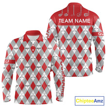 Load image into Gallery viewer, Red Argyle Plaid Pattern Mens Golf Polo Shirts Custom Golf Attire For Men, Team Golf Shirt NBT638