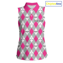 Load image into Gallery viewer, Pink Argyle Plaid Pattern Womens Sleeveless Golf Polo Shirts Custom Golf Attire For Ladies, Team Golf Shirt NBT639