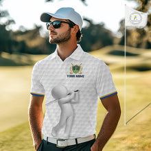 Load image into Gallery viewer, Golfer wearing Custom Name mens golf polo shirt with unique golf ball pattern perfect golf gift for men on the course